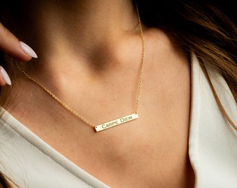 Personalized Gold and Rose Gold Bar Necklace, Engraved Kids Name Mothers Jewelry, Custom Handmade Summer Gifts for Mom and Her