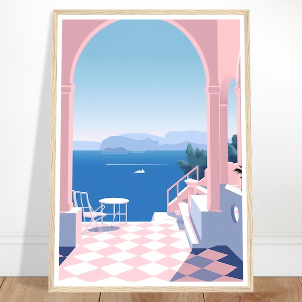 Poster Santorini Griechenland Sommer Druck gerahmte Wandkunst Dekoration Minimalistisch Rosa Blau