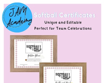 20 premios de certificados de softbol editables para campamentos de verano, fin de temporada, fiestas de cumpleaños deportivas