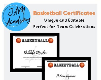 Certificados de premios de baloncesto, recuerdos editables para fiestas deportivas.