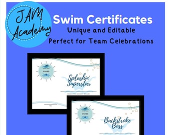 Certificados de premios divertidos para equipos de natación, editables al final de la temporada (descarga digital)