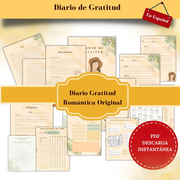 Diario de Gratitud, Autoayuda, Mindfulness, Diario descargable, Regalo inspirador, Bienestar Emocional, Gratitud, Pdf imprimible, Romántica