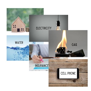 May include: A collage of images representing different household bills, including a house, water, electricity, gas, insurance, and a cell phone.