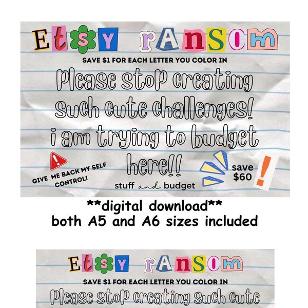 ETSY RANSOM NOTE Savings Challenge 2 versions! Digital Download One Dollar Savings Challenge and a Blank one too! A5 and A6 size