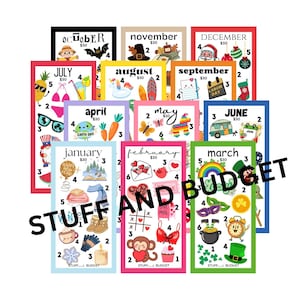 May include: A collection of colorful monthly budget planner cards. Each card features a different month, with illustrations and numbers. The text "STUFF AND BUDGET" is displayed in large, black letters across the image.