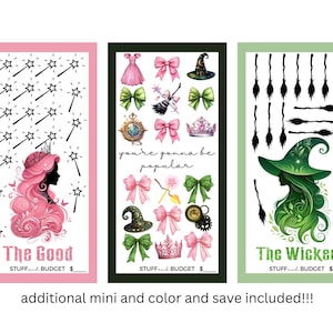 Puede incluir: Tres páginas de planificador de presupuesto imprimibles con un tema caprichoso. La página de The Good presenta una princesa rosa con una corona y varitas mágicas. La página de The Wicked presenta una bruja verde con un sombrero puntiagudo y escobas. La página de You're Gonna Be Popular presenta una corona, lazos y otros artículos caprichosos.