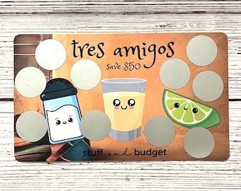 Tres Amigos Scratch Off Saving Challenge Laminated | A5 size | Cash Stuffing Game | Salt Tequila Lime | Drinking Shots Fun