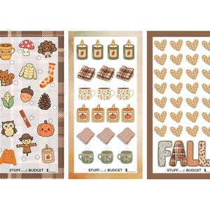 May include: Three rectangular budget tracker sheets featuring autumn-themed illustrations. The designs include icons of pumpkins, owls, squirrels, candles, mugs, and hearts. Each sheet displays the text STUFF and BUDGET with a blank line for currency.