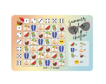May include: A colorful game board with a summer theme. The board has a grid of 6x6 squares with different summer icons like watermelon, coconut, flip flops, and sandcastles. The top row has five dice with black dots. The text "Summer is for chillin'" is on the right side of the board. There is a separate section on the right side with a price list for each icon.