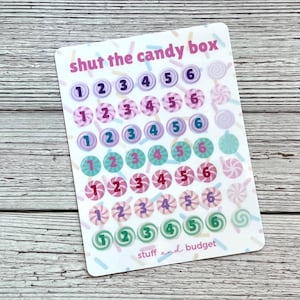 May include: A white sticker with the text "shut the candy box" and the words "stuff and budget". The sticker has rows of numbered candy-themed circles in purple, pink, and teal. The numbers 1 through 6 are displayed.
