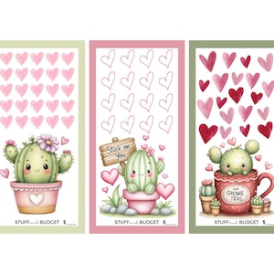 May include: Three illustrated budget trackers featuring cute cartoon cacti. Each tracker has a different background color, with rows of hearts at the top. The cacti are in pots or a mug, with the text "Stuff and Budget" and a space for a dollar amount at the bottom.