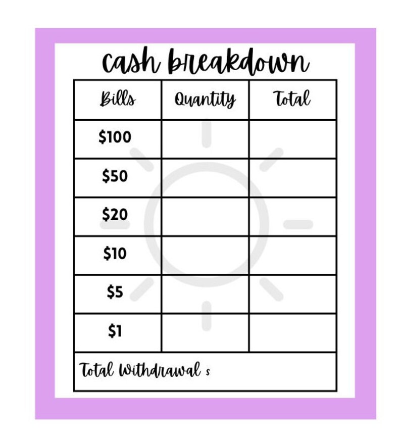 6pk Teller Slips Summer Vibes Cash Breakdown Budgeting Printable Cash ...