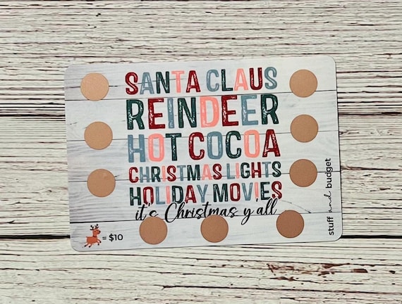 CHRISTMAS WORDS Scratch Off Saving Challenge | White Wooden Background | A5 Size | Laminated 5mil | Mystery Savings