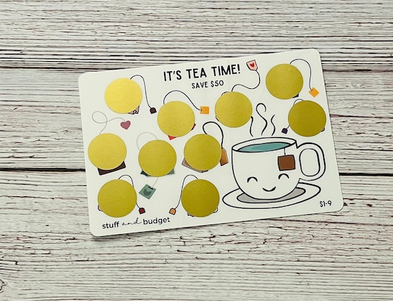 It's TEA TIME Hot Tea Scratch Off Saving Challenge Laminated | A5 size | Save 50 | Low Denominations | Hot Tea | Tea Bags | Flavored Tea