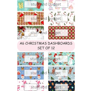 May include: A set of 12 A6 Christmas dashboards featuring various holiday patterns including gingerbread men, candy canes, ornaments, reindeer, and snowmen. Each rectangular dashboard includes a white central label with the text stuff and budget.