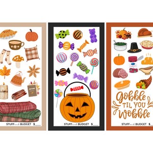 May include: Three rectangular designs with autumn and holiday themes. The first shows fall items like a pumpkin and pie. The second has sweets and a jack-o'-lantern. The third says "Gobble Til You Wobble" with Thanksgiving food.