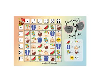 May include: A colorful summer-themed bingo card with images of watermelon, flip flops, sandcastles, coconuts, and umbrellas. The card has a grid of 25 squares with a dice roll section and a budget section. The text "Summer is for chillin'" is at the top of the card.