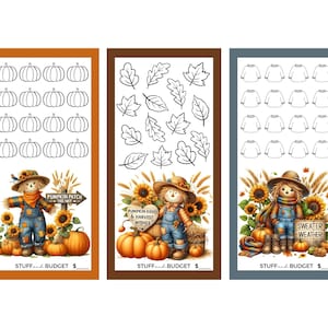 Puede incluir: Tres rastreadores de presupuesto con temática otoñal. El primero presenta calabazas y un espantapájaros con el texto "Pumpkin Patch This Way". El segundo tiene hojas y un espantapájaros con el texto "Pumpkin Kisses & Harvest Wishes". El tercero tiene suéteres y un espantapájaros con el texto "Sweater Weather."