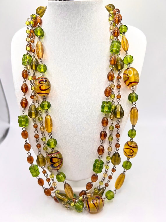 Gorgeous Vtg  Art Glass Necklace In Green, Brown A