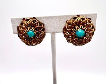 Gorgeous Vtg Signed Miriam Haskell Filigree  W/ Turquoise Glass Cabs  Earrings