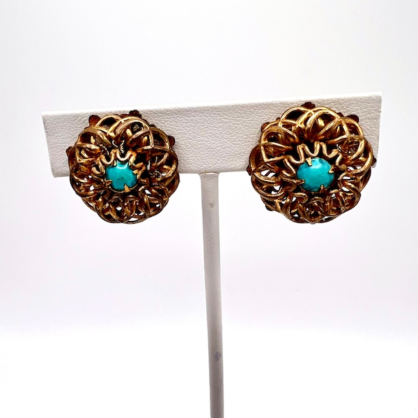 Gorgeous Vtg Signed Miriam Haskell Filigree  W/ Turquoise Glass Cabs  Earrings