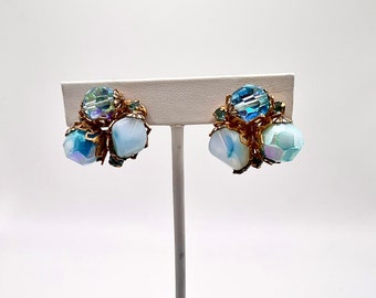 Gorgeous Vtg Robert Blue Bead Goldtone Earrings