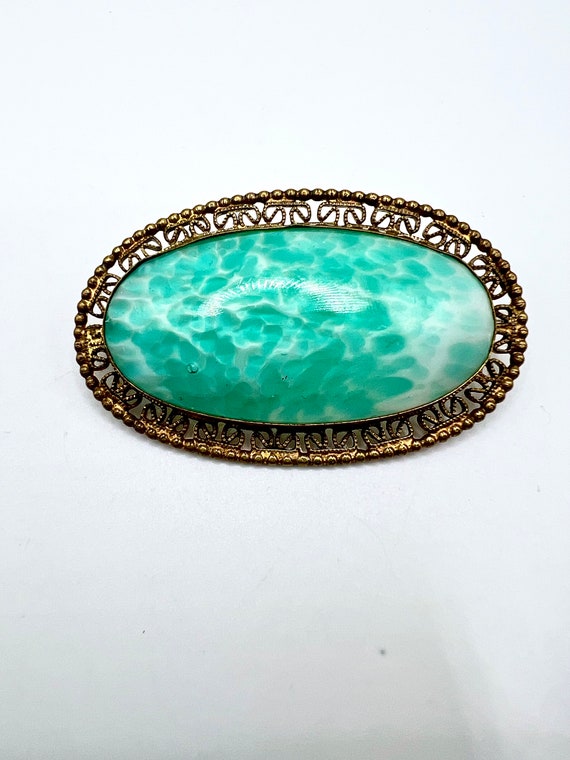 Gorgeous Vtg Czech Green Mottled Glass Filigree G… - image 2