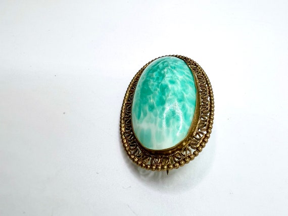 Gorgeous Vtg Czech Green Mottled Glass Filigree G… - image 3