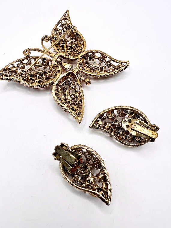 Stunning Vtg Butterfly Brooch And Earrings W/ Red… - image 5