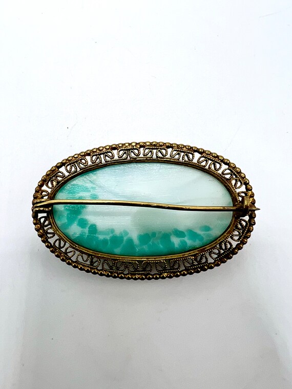 Gorgeous Vtg Czech Green Mottled Glass Filigree G… - image 6