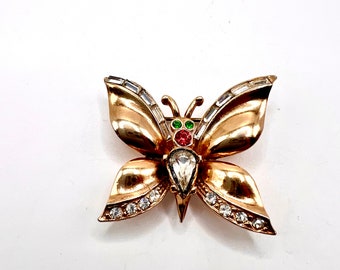 Beautiful Vtg Unsigned Coro Gold Tone Butterfly Brooch W/ Baguettes & Chatons