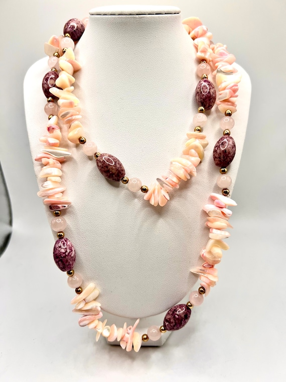 Gorgeous Vtg Rose Quartz ,shell And Art Glass Bead