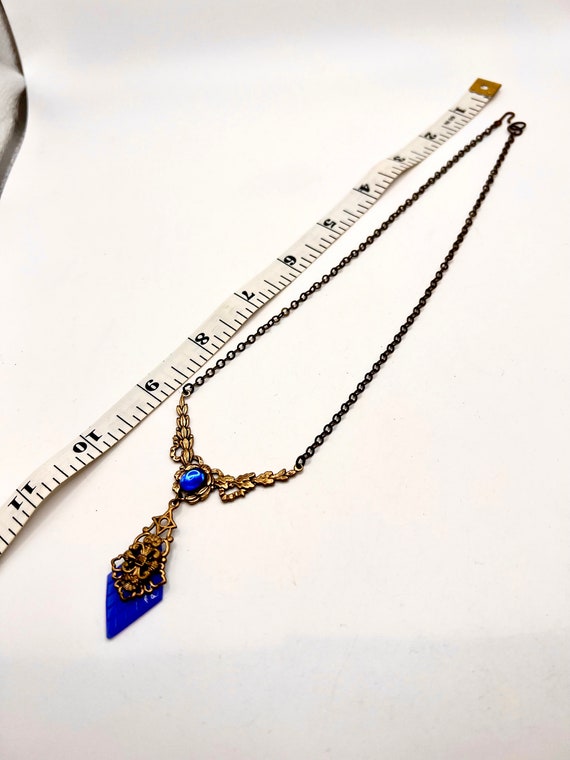 Stunning Vtg Deco Necklace With Blue Glass - image 7