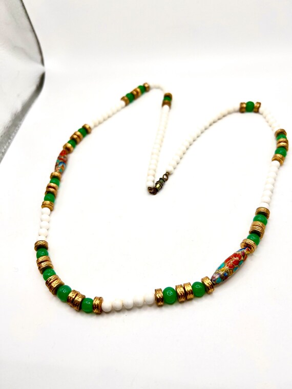 Beautiful Vtg White ,Green & Cloisonné Glass Bead… - image 2