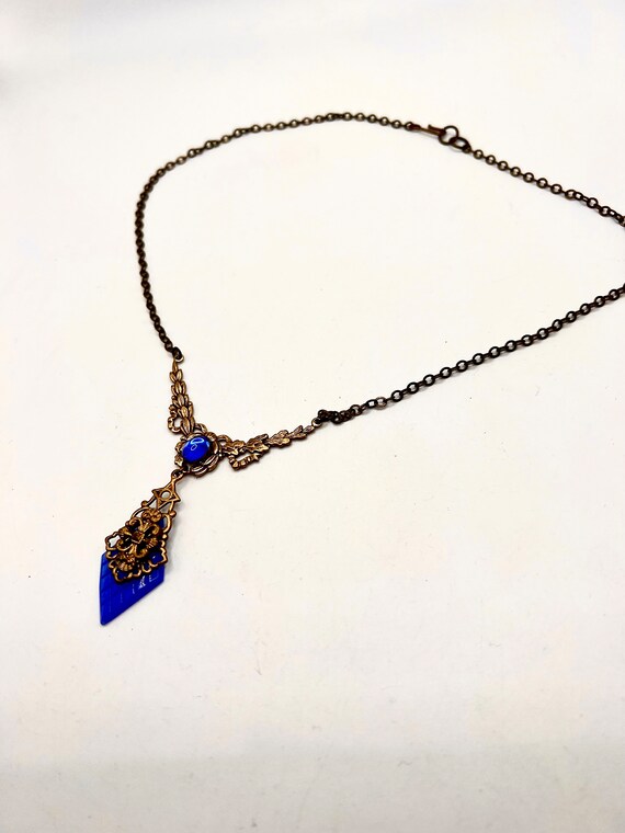 Stunning Vtg Deco Necklace With Blue Glass - image 5