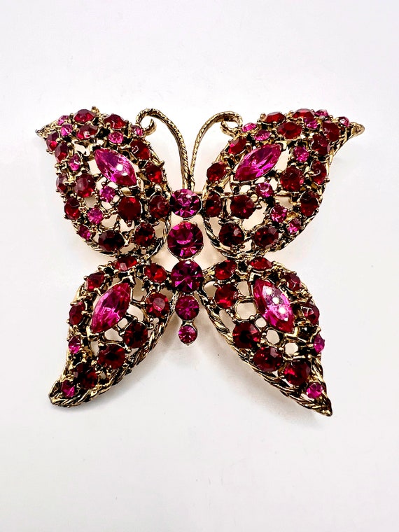 Stunning Vtg Butterfly Brooch And Earrings W/ Red… - image 4