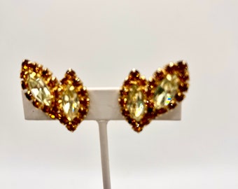 Beautiful Vtg Citrine Navettes W/halo Of Topaz Chaton Rhinestone Earrings