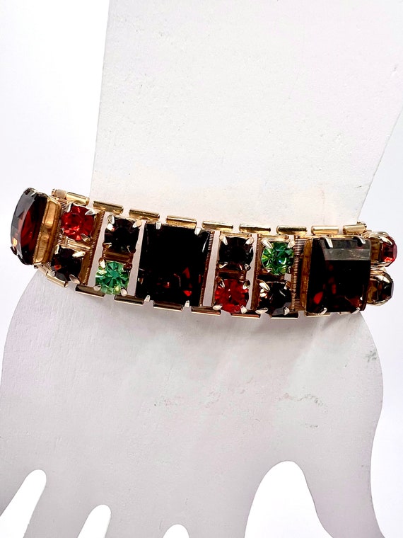 Fabulous Vtg Mcm Topaz,green And Red Rhinestone Br