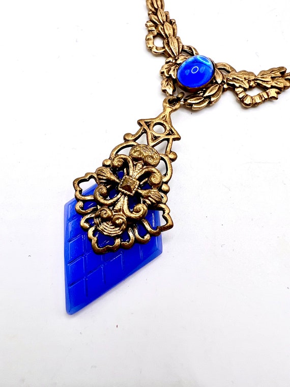 Stunning Vtg Deco Necklace With Blue Glass - image 3