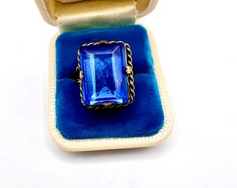 Gorgeous Vtg W Germany Faceted Blue Glass Brass Adj  Twist Split Shank Ring
