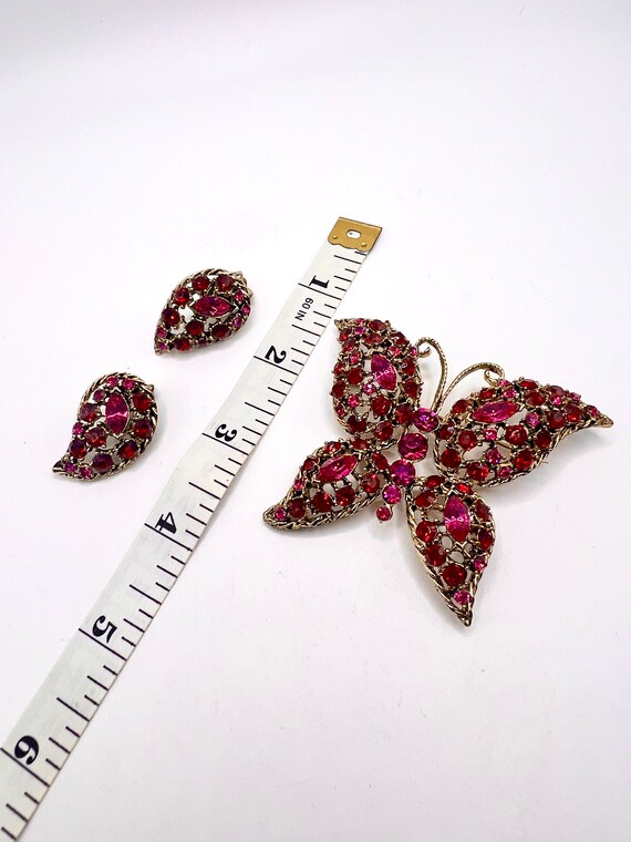 Stunning Vtg Butterfly Brooch And Earrings W/ Red… - image 6