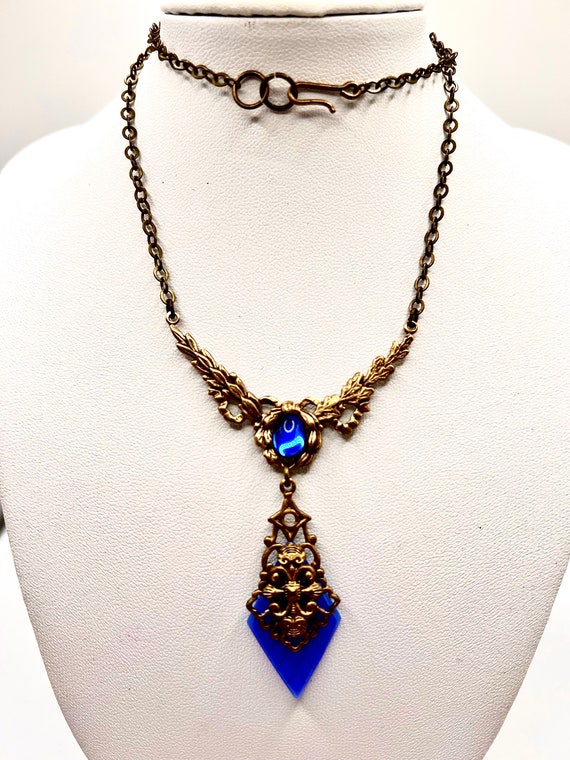 Stunning Vtg Deco Necklace With Blue Glass - image 1