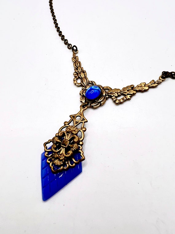 Stunning Vtg Deco Necklace With Blue Glass - image 2