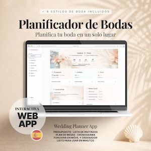 May include: A laptop screen displaying a digital wedding planner web application with a dashboard interface. The screen shows text including Planificador de Bodas, budget, guest list, and task tracking. A circular badge reads INTERACTIVA WEB APP.