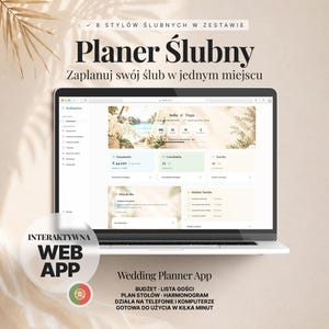 May include: A laptop screen displaying a digital wedding planner web application with a dashboard interface. The screen shows text including Planer Ślubny, budget, guest lists, and task tracking. A circular badge reads INTERAKTYWNA WEB APP.