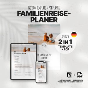 Família Reiseplaner | Modelo de noção 2 em 1 + PDF de 10 páginas | Lista de pacotes, rastreador de orçamento, Reiseplan