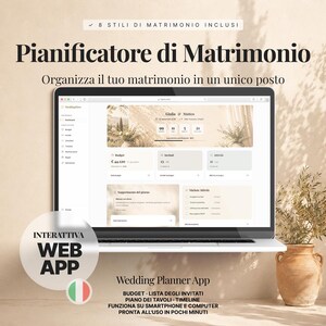 以下が含まれることがあります： Pianificatore di Matrimonioというテキストが表示された結婚式計画ウェブアプリのノートパソコン画面。予算、ゲストリスト、タイムラインのセクション、カウントダウンタイマー、イベント計画ツールが含まれています。