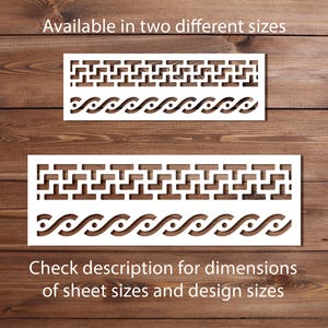 May include: Two white stencils with geometric patterns are displayed on a wooden surface. The stencils feature a repeating square design above a wavy pattern. Text at the top reads "Available in two different sizes." The bottom stencil has text that reads "Check description for dimensions of sheet sizes and design sizes."