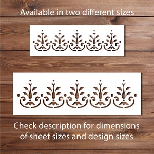 May include: Two white stencils with a repeating floral design. The top stencil is smaller than the bottom one. Text at the top reads "Available in two different sizes." The bottom text reads "Check description for dimensions of sheet sizes and design sizes."