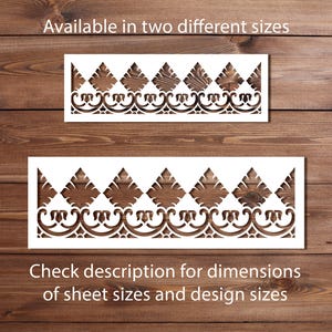 May include: Two white stencils with a repeating diamond and scroll design are displayed on a wooden background. The text "Available in two different sizes" is at the top. The text "Check description for dimensions of sheet sizes and design sizes" is at the bottom.